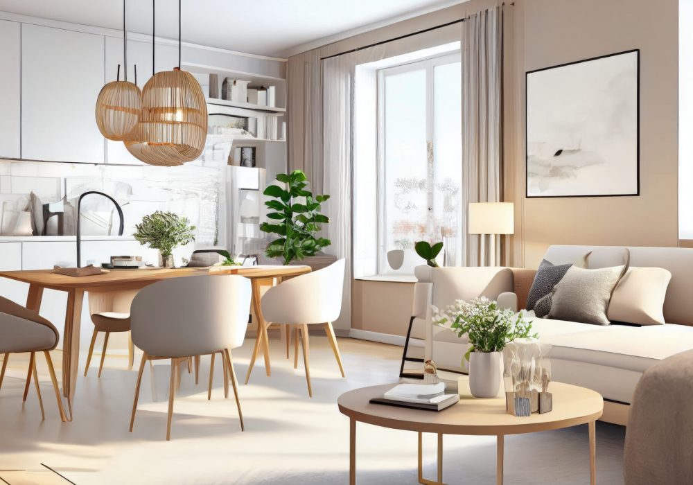 Stylish scandinavian living room with design mint sofa, furnitures, mock up poster map, plants and elegant personal accessories. Modern home decor. Bright and sunny room. Generative AI illustration